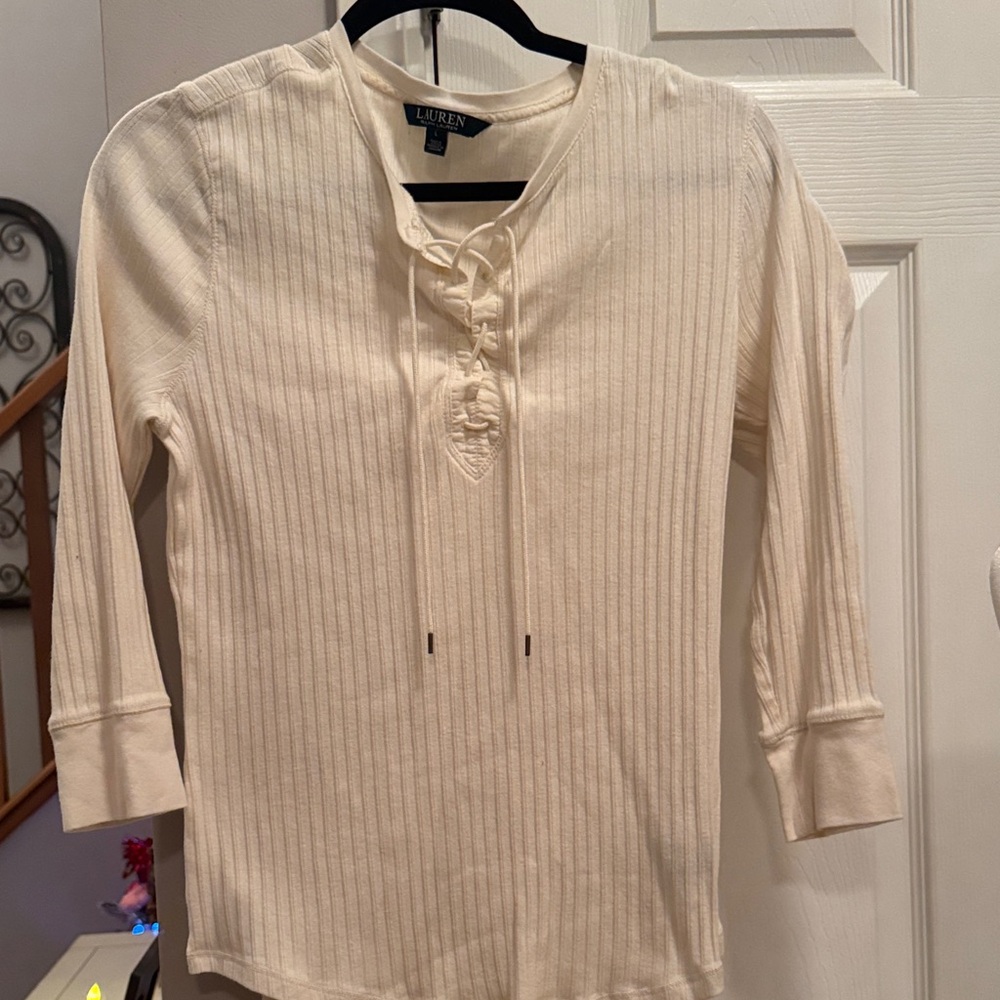 Lauren Ralph Lauren Ivory Lace-Up Ribbed Sweater